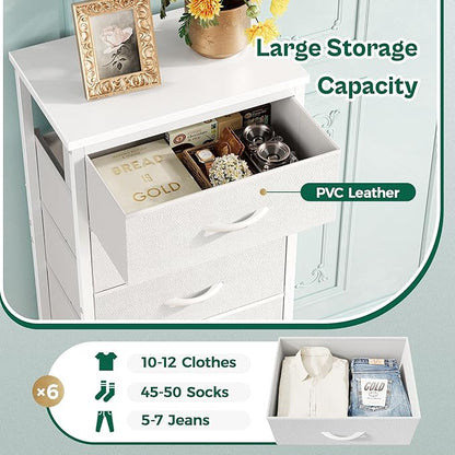 Huuger Tall Dresser for Bedroom, Stable 6 Drawer Dresser with Anti-Tip Device, PU Leather & Fabric Drawers, Tall Nightstand for Closet, Nursery, Storage Tower for College Dorm High Beds, White