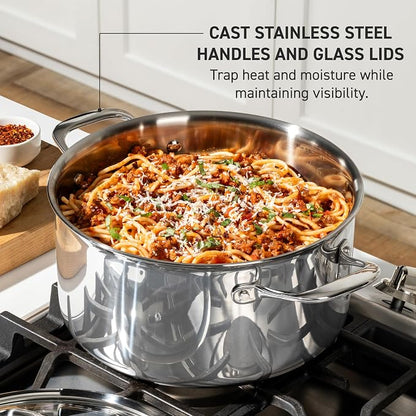 T-Fal Pro Tri-Ply Stainless Steel Large Dutch Oven Pot with Lid, 6 Quart Induction Pot, Oven Safe 500F, Lid 350F, Fast & Even Heat, Professional Quality & Durability, Silver