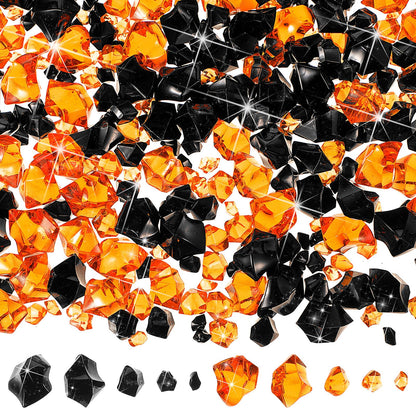 Syhood 570 Pcs 5 Sizes Orange and Black Fake Crushed Ice Rocks Acrylic Crystal Gems Plastic Diamonds Marble for Vase Fillers Decoration Wedding Table Scattering Room Halloween Decor