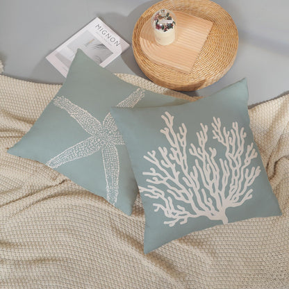 GOLIANDA Coastal Pillow Covers 18x18 Inch Set of 2 Blue Coral Starfish Throw Pillows Nautical Ocean Decorations Summer Linen Beach Pillowcase Outdoor Decor Farmhouse Cushion Case for Home Living Room