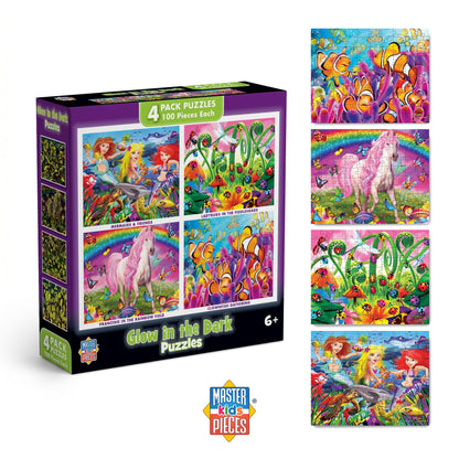 MasterPieces – Jigsaw Puzzle Set for Kids 6+ Years, 4-Pack of 100 Pieces, Educational and Fun Game, Purple Glow in the Dark Collection, Gift Idea for Children, 8" x 10