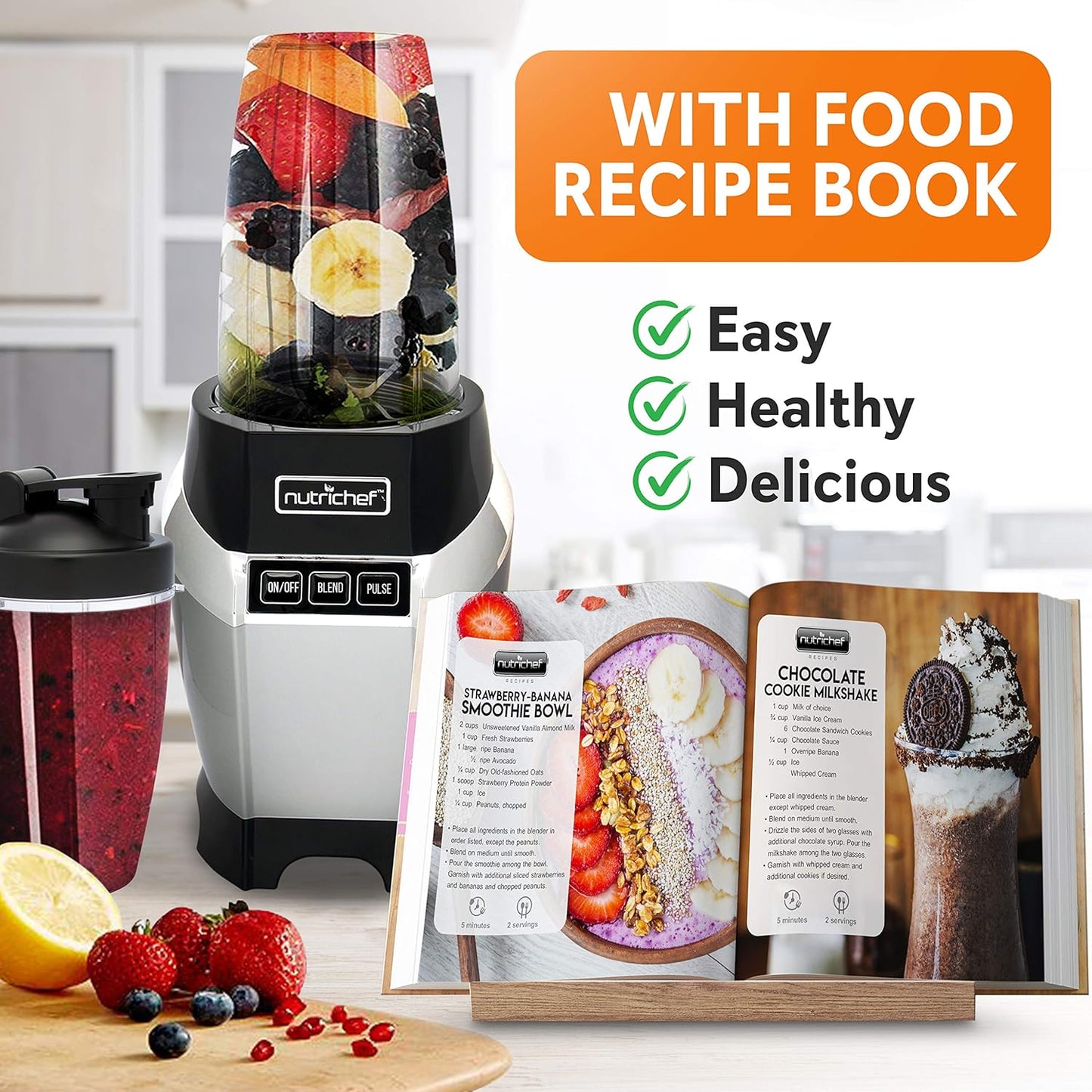 NutriChef Personal Electric Single Serve Blender - Small Professional Kitchen Countertop Mini Blender for Shakes & Smoothies, Pulse Blend, Convenient Lid Cover, Portable 20 & 24 oz Cups, Black