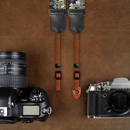 Padwa Lifestyle Blue Wave Camera Strap - 2" Cowhide Leather Head Cotton Camera Straps for Photographers,Vintage Japanese Art Print Adjustable Neck & Shoulder Strap for ALL DSLR/SLR Cameras