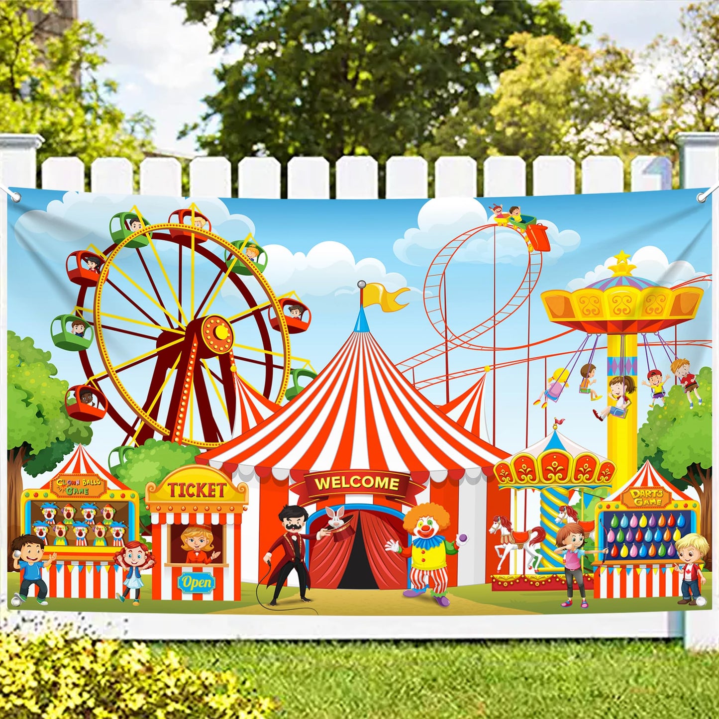 Halloween Party Decoration Set - Pack of 17 and XtraLarge Carnival Backdrop - 72x44 Inch | Halloween Pompom, Happy Halloween Garlands, Halloween Party Decorations | Halloween Carnival Decorations