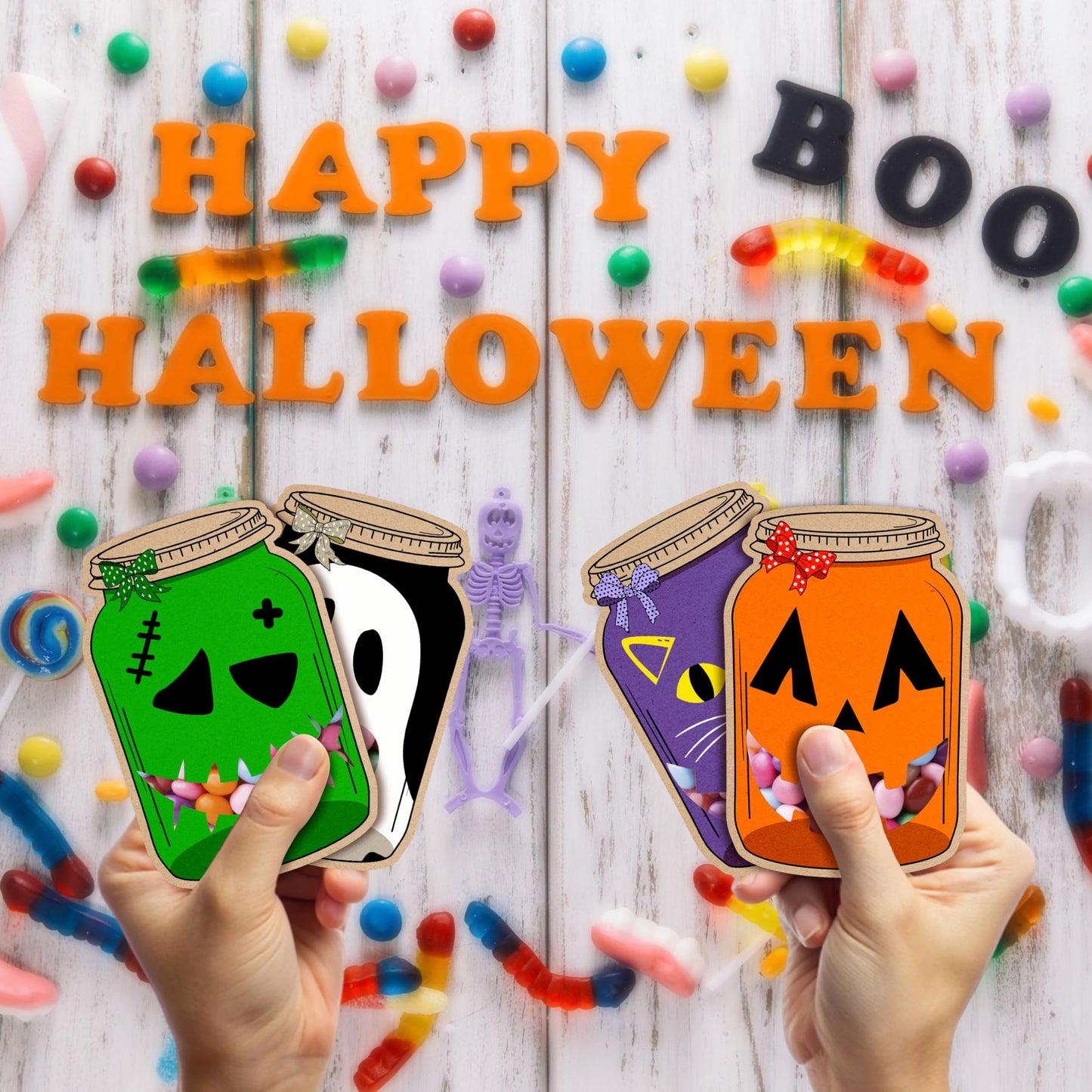 SHIEL-EVEN 50 Pack Halloween Mason Jar Candy Cards for Kids Classroom - School DIY Trick or Treat Bags, Halloween Candy Cards with Clear Bags, Holiday Gifts for Classroom Kids