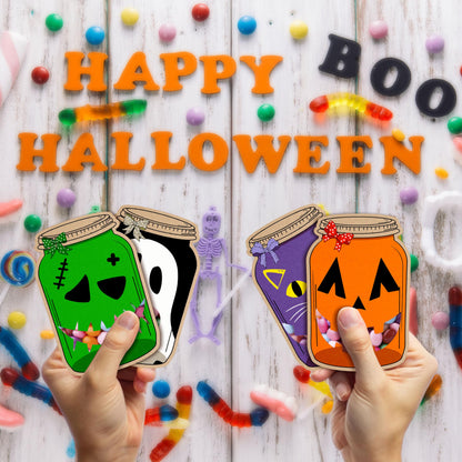 SHIEL-EVEN 50 Pack Halloween Mason Jar Candy Cards for Kids Classroom - School DIY Trick or Treat Bags, Halloween Candy Cards with Clear Bags, Holiday Gifts for Classroom Kids