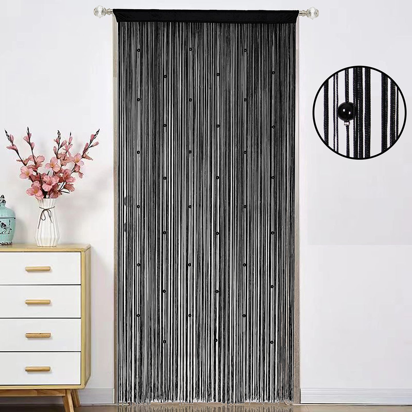 HSYLYM Beaded Curtain Beads Door String Curtains Ideal for Living Room Decor Wall Hanging Fringe Doorway Divider Bedroom Backdrop Hippie Window Closet Privacy Rod Pocket Dense (100x200cm,Black)