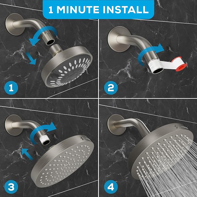SparkPod Rain Shower Head, 6 Inch Round | High Pressure Shower Heads, 90 Nozzle (Touch-to-Clean), Adjustable Showerhead, No-tool Universal Connection