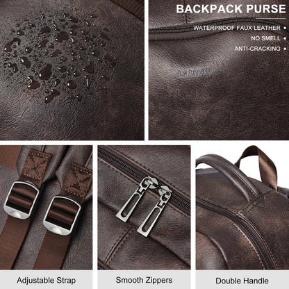 LATMAP 30L Backpack Purse for Women Men Laptop Backpack, Faux Leather Travel Work Backpack Teacher Bookbag fits 15.6" Laptop,Coffee