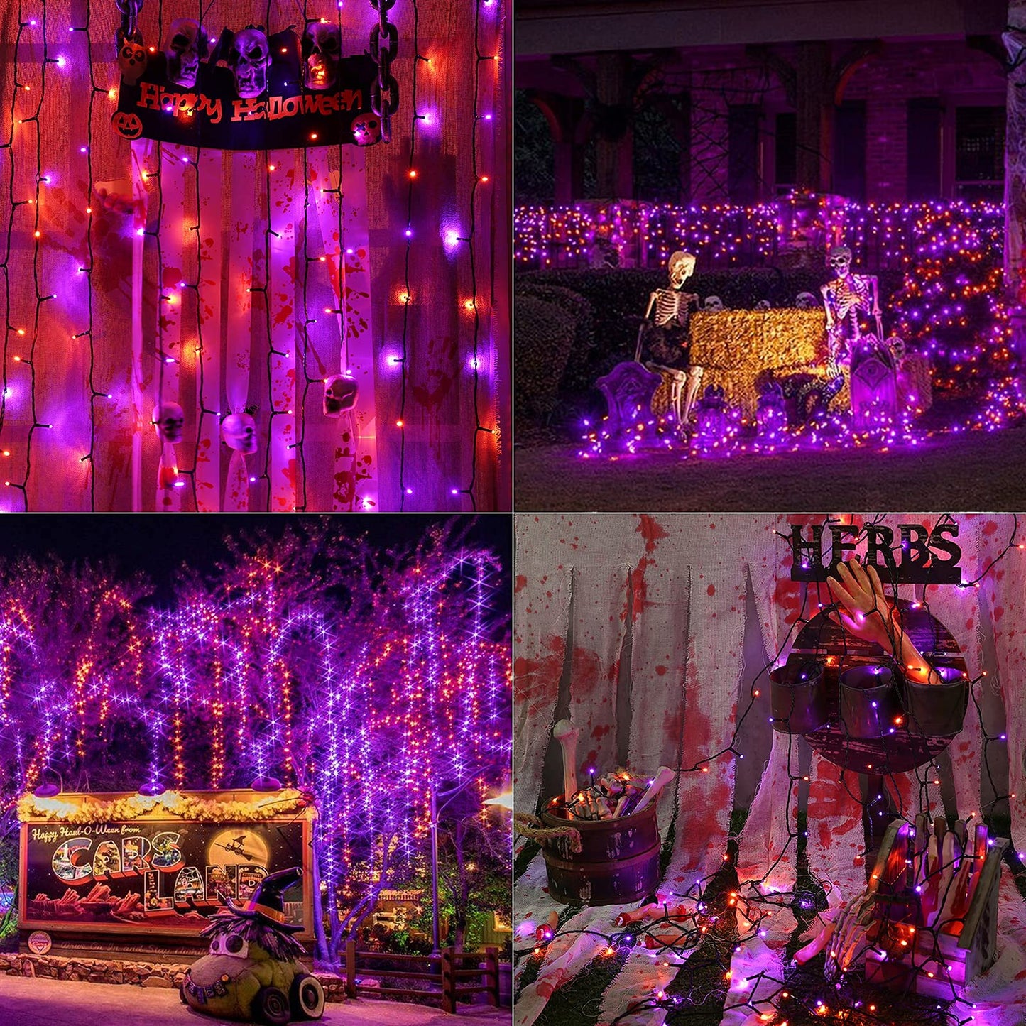 Joomer Orange Purple Halloween Lights, 66ft 200 LED Battery Operated String Lights Waterproof with 8 Modes & Timer Function for Halloween Outdoor Indoor Decorations