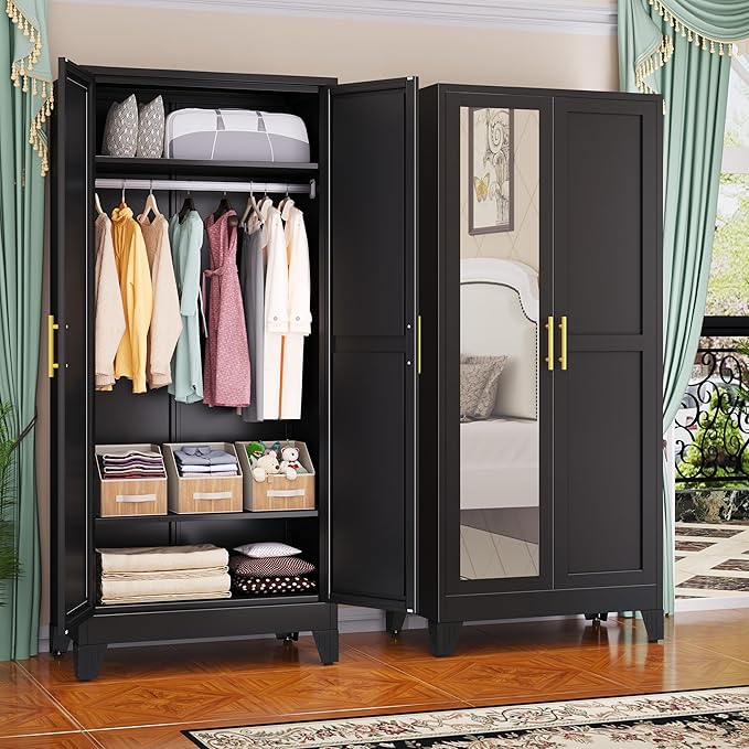 GAIOUS Metal Wardrobe Cabinet with Mirror and Hanging Rod, 71" Black | Clothing Storage Cabinets with 2 Doors and Adjustable Shelves, Armoire Wardrobe Closet for Bedroom, Laundry Room, Cloak Room