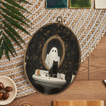 OINDADE Halloween Ghost Bathroom Oval Wall Art Decor, Fall Spooky Ghost Wall Art Hanging Decor, Halloween Fall Season Gothic Black Cat Framed Canvas Artwork for Bathroom Washroom Toilet, 8.8x11.5in