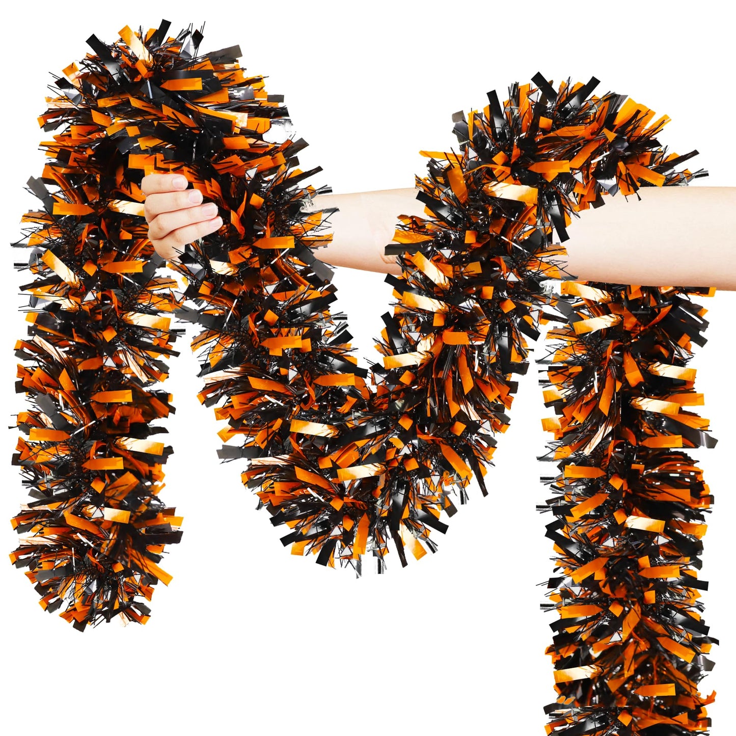 Halloween Decorations, 50FT Halloween Tinsel Garland Shiny Orange Black Metallic Twist Hanging Garland for Indoor Outdoor Home Tree Stairs Party Decorations