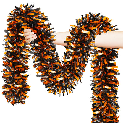Halloween Decorations, 50FT Halloween Tinsel Garland Shiny Orange Black Metallic Twist Hanging Garland for Indoor Outdoor Home Tree Stairs Party Decorations