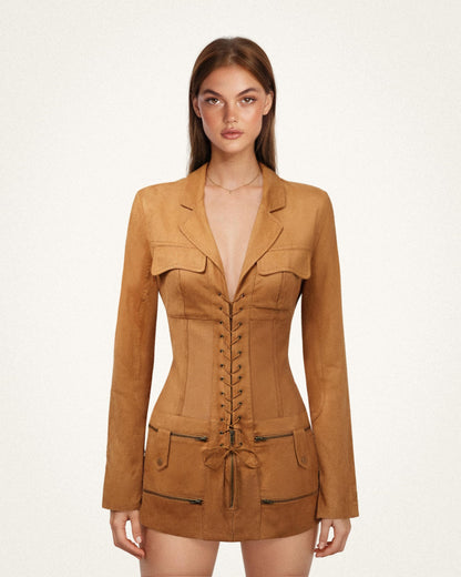JW PEI Women's Faux Suede Corset Jacket Mini Dress - Camel