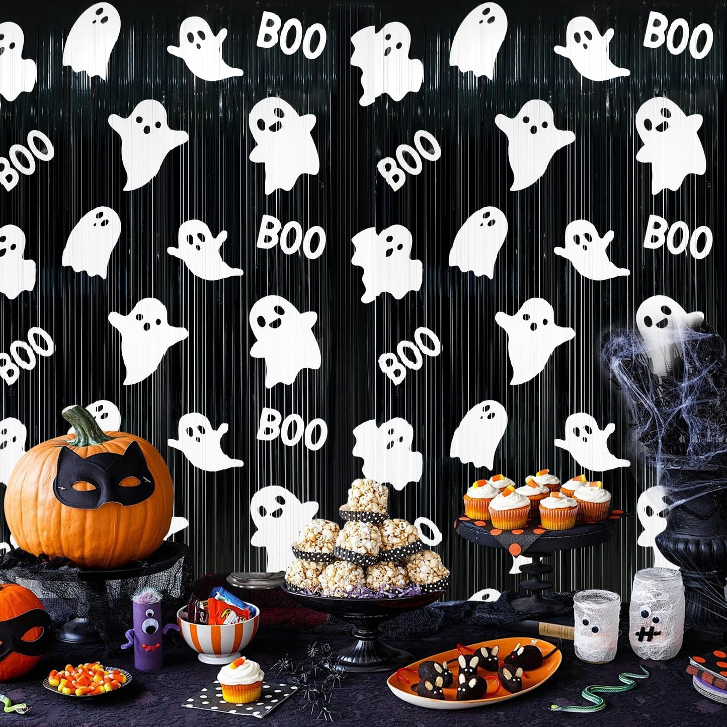 Augisteen 2 Packs Halloween Foil Fringe Curtains 3.3 x 6.6 Ft Black White Cute Ghost Photo Backdrop Streamers Boo Theme Tinsel Curtain Metallic Backdrop for Kids Birthday Babyshower Party Supplies