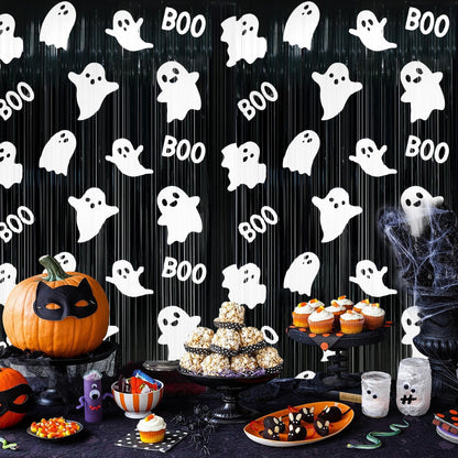 Augisteen 2 Packs Halloween Foil Fringe Curtains 3.3 x 6.6 Ft Black White Cute Ghost Photo Backdrop Streamers Boo Theme Tinsel Curtain Metallic Backdrop for Kids Birthday Babyshower Party Supplies