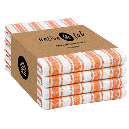 Native Fab Stripe Kitchen Towels - 4 Pack - Basket Weave 100% Cotton Dish Towel - 16x26 inches - Absorbent Towels for Cleaning, Quick Drying, Washable Dish Cloths with Hanging Loop - Orange White
