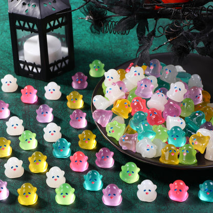 Vellibring 145pcs Halloween Luminous Mini Resin Ghost Figurines Glow in The Dark Cute Miniature Ghost Statue Micro Landscape Accessories for Halloween Party Favors Dollhouse Decorations