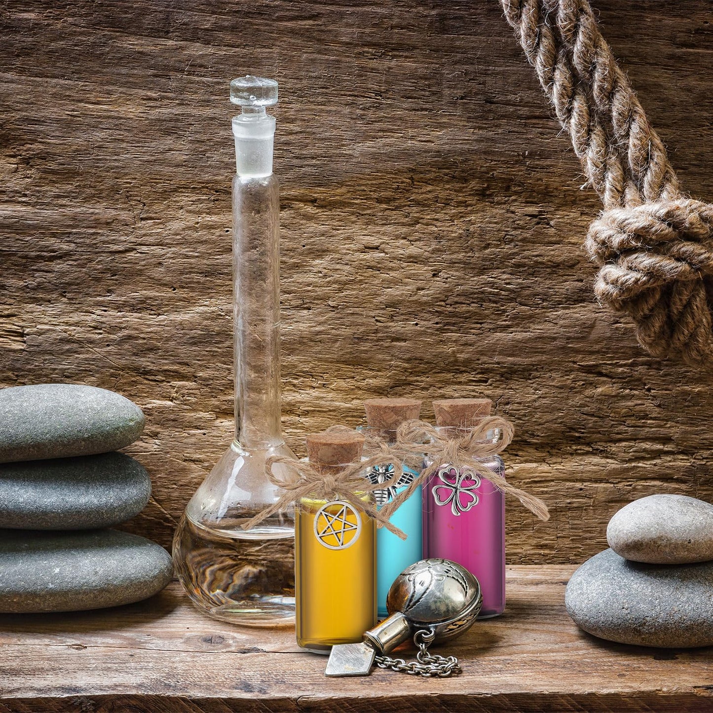 LemonRoad 24 Pcs Spell Jars for Witchcraft Small Tiny Glass Spell Potion Bottles with Cork and 24 Pendants Witchcraft Supplies Gifts Wishing Bottles with Rope for DIY Crafts