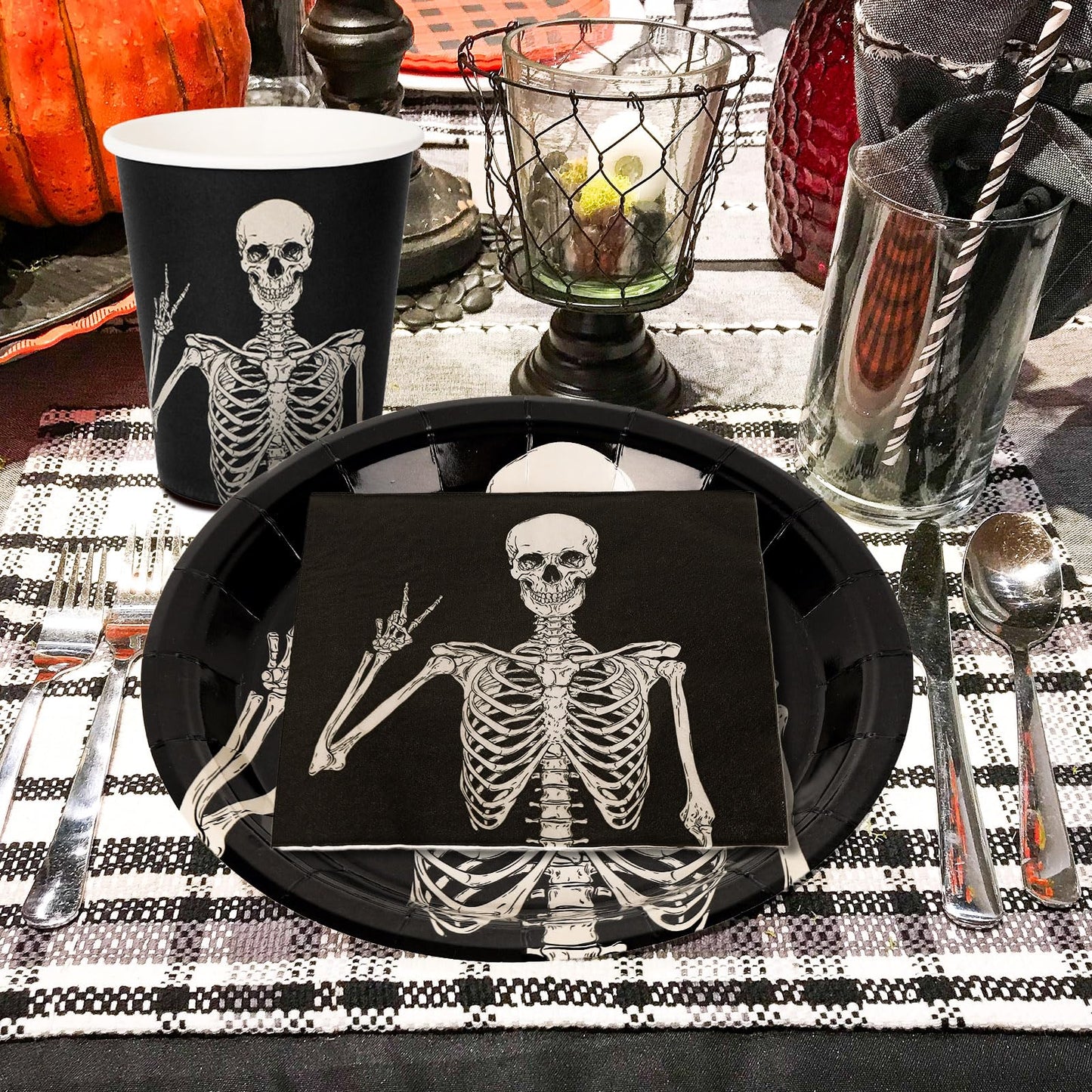 JarThenaAMCS Halloween Tableware Set Smiling Skeleton Disposable Party Supplies Black 9 &7 Inch Paper Plates 6.5 Inch Napkins Cups and Cutlery for 25 Guests