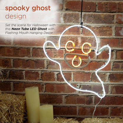 Alpine Corporation 17" Indoor/Outdoor Neon Tube Ghost Lights Decor with Flashing Mouth LED Lights, Hanging Decor
