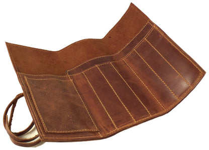 Rustic Genuine Leather Pencil Roll - Pen and Pencil Case - Dark Brown