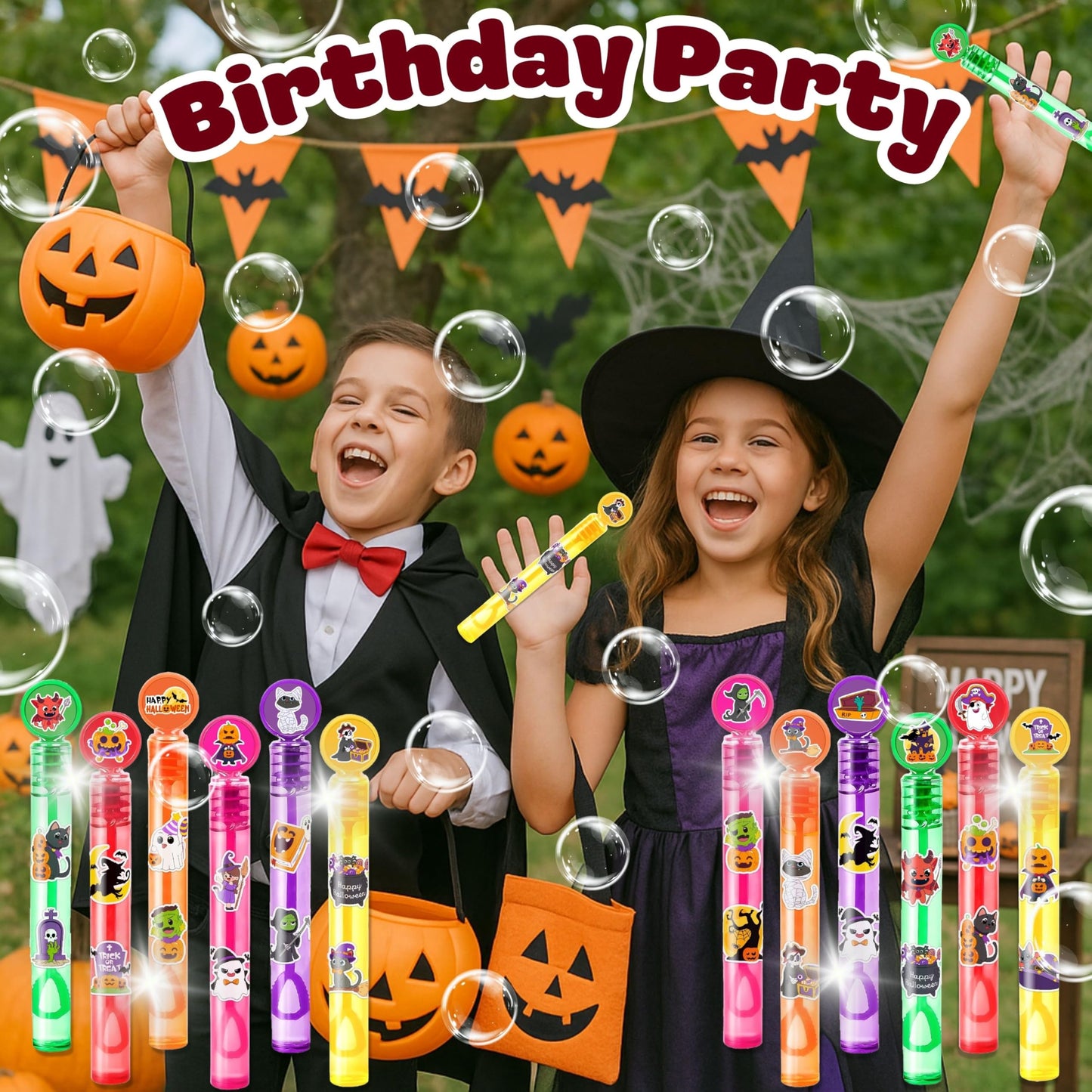 Halloween Party Favors for Kids – 24PCS Spooky-Themed Mini Bubble Wands, Great for Birthday Supplies, Piñata Fillers, Goodie Bags & Classroom Rewards