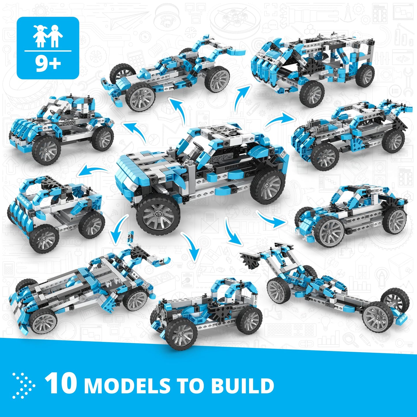 Engino: Inventor Motorized Series - Offroader - 10-In-1 Multimodel, Toy Vehicle Brick Building Set, Rack-Pinion Mechanism, Snap Assembly, STEM, Kid 9+
