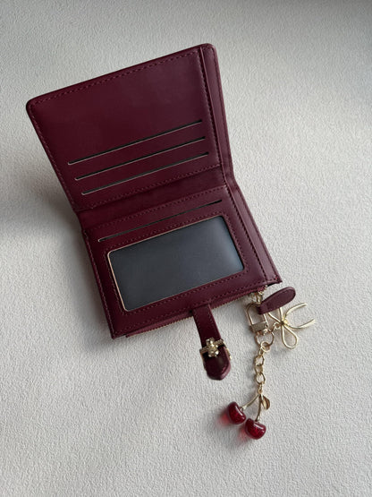 Ninmon Shares Small Wallet for Women Wine Red PU Leather Trifold Card Holder with Coin Pocket & Red Cherry Keychain (Red)
