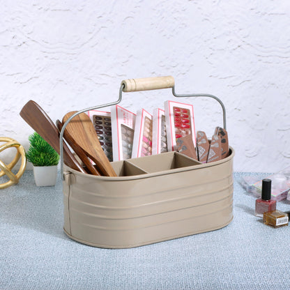Alpha Living Home Multi-Functional Utensil Caddy – 4-Compartment Organizer for Kitchen, Party & Office – Durable Beige Powder-Coated Iron Alloy with Wooden Handle