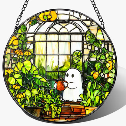 LAOWEIKI 8'' Halloween Ghost Greenhouse Sun Catcher Ornament, Stained Glass Window Hanging, Sun Catchers for Windows Hanging Ornaments, Window Decor, Holiday Present, Ideal Gift | Plant Lovers Gifts