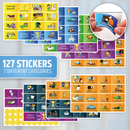 Large Magnetic Reward Chart for Kids - 127 Pre-Written Stickers (Including Potty Training) + 30 Customizable Chores - Behavior, Responsibility & Incentive Routine Star Chart for Fridge (1 Kid Version)
