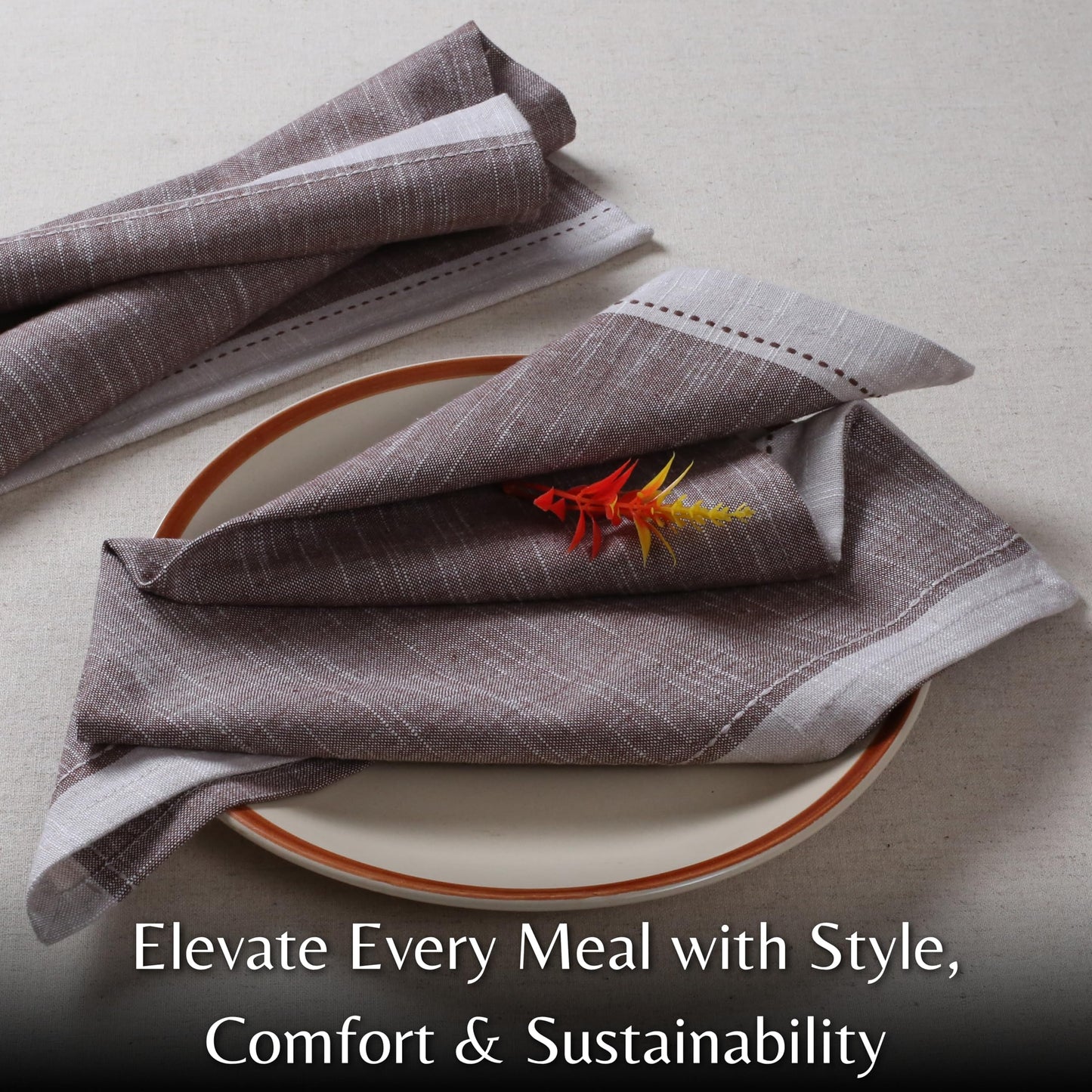 Ramanta Home Cloth Napkins Set of 4 Textured Cotton Brown 18x18 - Premium Contrast Border Easter Dinner Napkins for Spring Basket Decor Farmhouse Wedding, Soft Washable Table Linen for Everyday Use