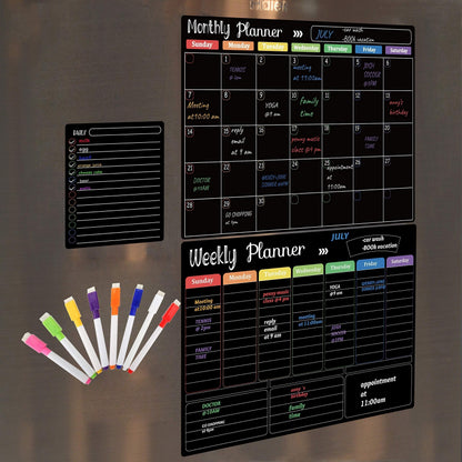 Hivillexun Magnetic Black Dry Erase Calendar White Board Set (3-Pack) - Monthly, Weekly Planners & Daily Notepad for Fridge, Home & Office, Includes 8 Markers