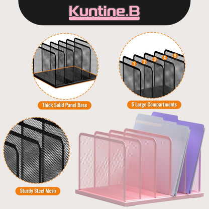 Kuntine.B Desk File Organizer Upright Mesh Desktop Organizer File Sorter Office Organization File Holder for Home, Office & Classroom (Pink, 1 Pack 5-Section)