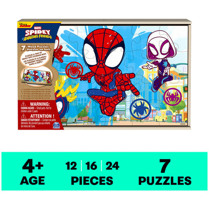 Spin Master Games, Marvel Spidey and His Amazing Friends Puzzles 7-Pack, Jigsaw Kids Puzzles with Sliding Wood Storage Box, Spiderman Toys, for Kids Ages 4 & Up
