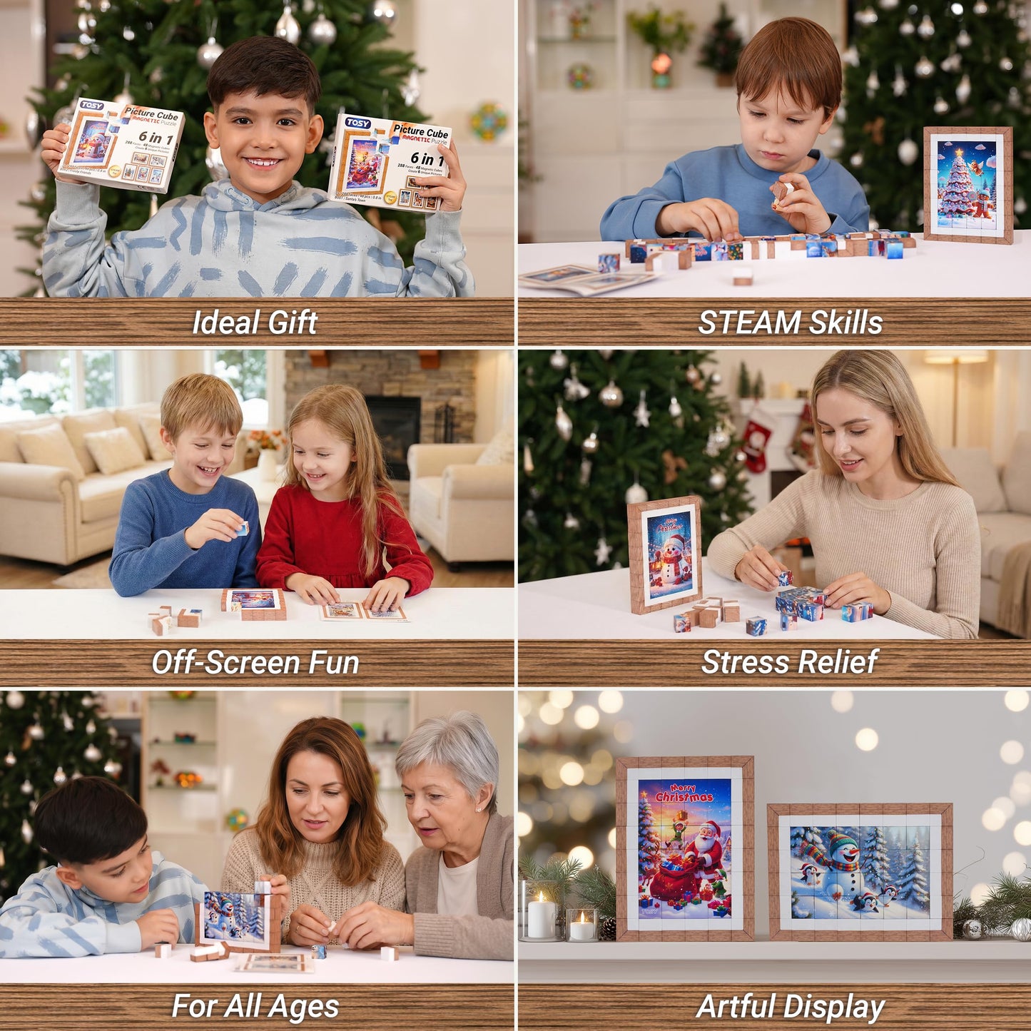 TOSY Picture Cube Frosty Friends: 6-in-1 Magnetic Picture Puzzle, 48 Blocks, 288 Faces/Magnets, 0.8 in, B002, Seamless UV Art, Display-Ready Frame, Collectible, STEM/STEAM Gift for Kids & Adults