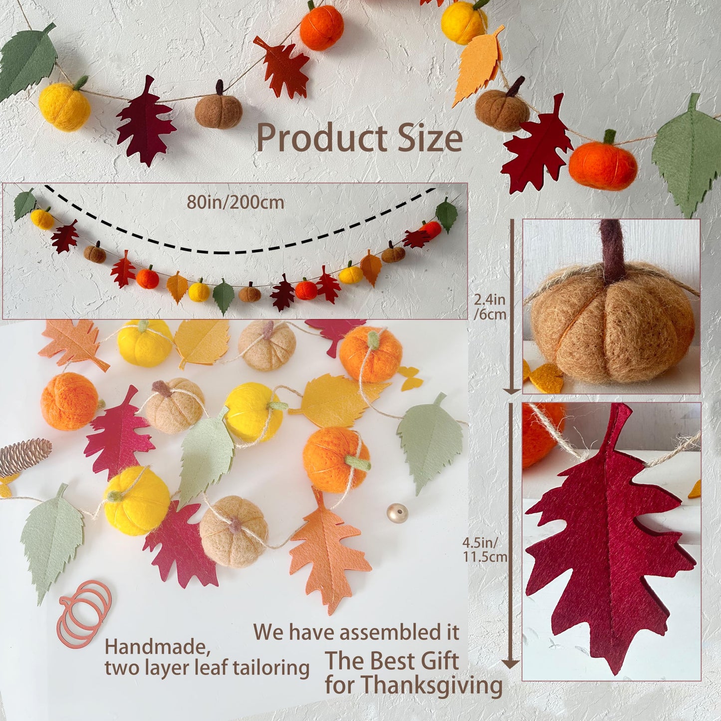 Fall Banner for Home -Fall Harvest Garland- Felt Pumpkin and Maple Leaf Banner, Autumn Thanksgiving Party Decorations