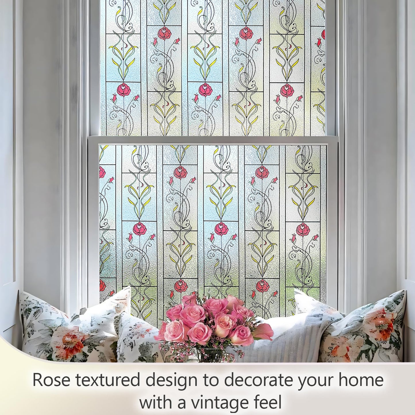 KESPEN WINDOW FILMS Window Privacy Film Stained Glass Frosted Glass Films Decorative Window Film with Rose Flower Static Cling Non-Adhesive Stickers Heat Control for Home, 17.5 Inch X 6.5 Feet