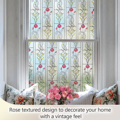 KESPEN WINDOW FILMS Window Privacy Film Stained Glass Frosted Glass Films Decorative Window Film with Rose Flower Static Cling Non-Adhesive Stickers Heat Control for Home, 17.5 Inch X 6.5 Feet