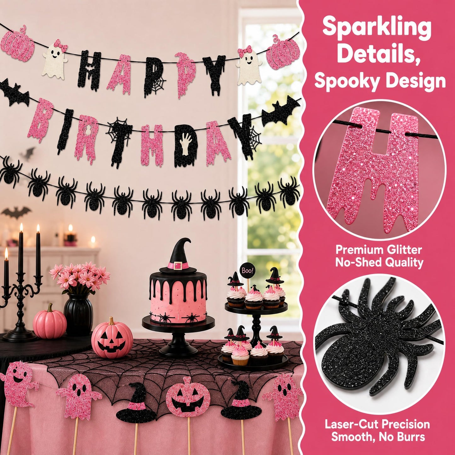Pink Black Halloween Birthday Decorations, Cute Spooky Happy Birthday Banner with Ghost Pumpkin Bat Spider Garland, Halloween Party Supplies with Cake Toppers for Girls Birthday Party