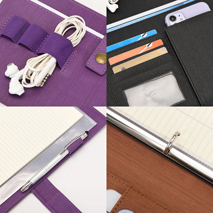 Wonderpool A4 PU Leather Portfolio Holder Ring File Document Case with Removable Binder Clipboard, Multi Pocket and Legal Pad for Business Organizer Interview and Meeting (Purple)