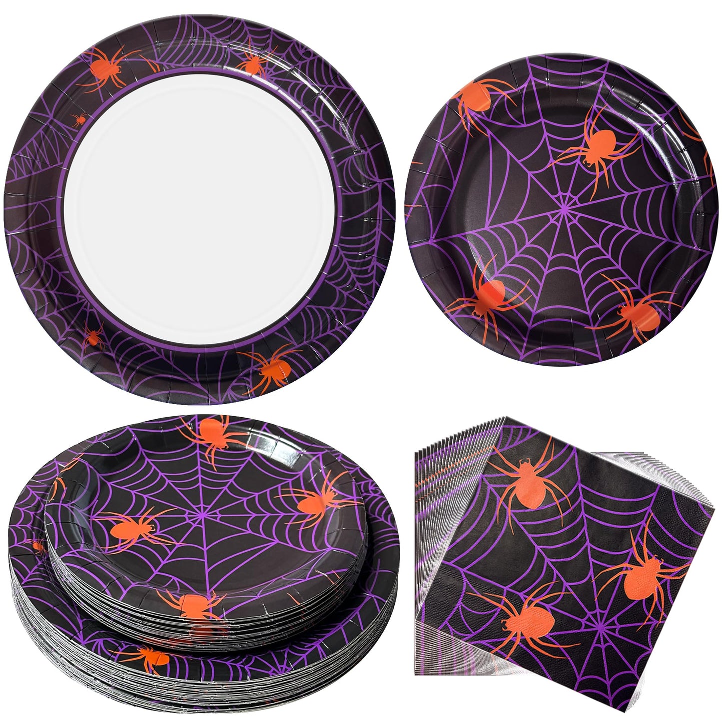 Watch Me Fly 75pcs Spider Party Supplies - Disposable Spider Web Paper Plates & Napkins (25pcs 9" & 7" Plates, 25pcs Napkins) for Birthdays, Halloween, Birthday, and Parties Decoration
