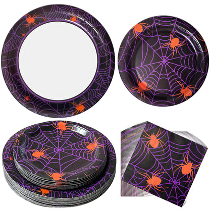 Watch Me Fly 75pcs Spider Party Supplies - Disposable Spider Web Paper Plates & Napkins (25pcs 9" & 7" Plates, 25pcs Napkins) for Birthdays, Halloween, Birthday, and Parties Decoration