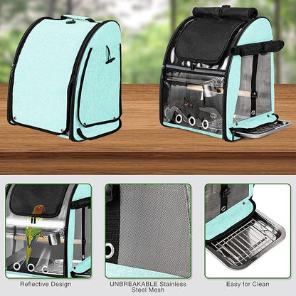 Bird Carrier Bag with Indestructible Stainless Steel Mesh, Bird Travel Cage with Stand, Easy to Clean Backpack for Parrot, Portable Bird Travel Bag, Green