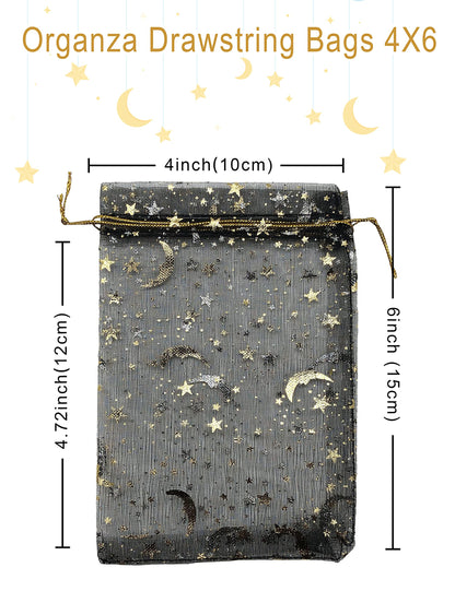 Jexila 100PCS Black Organza Gift Bags 4X6 Small Mesh Bags Drawstring Jewelry Pouch Halloween Goodie Treat Bag Moon Star for Birthday Party Favor Candy Bag