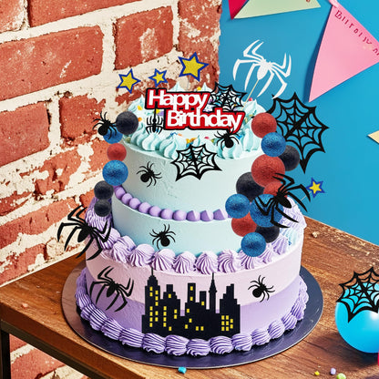 Firleayo 36pcs Spider Cake Topper Spider Web Cake Decoration Spider Themed Cake Decorations Glitter Red Blue Black Balls City Star Cupcake Topper for Boys Men Birthday Party Baby Shower Supplies