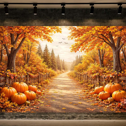 Bondjos Fall Photography Backdrop, Fall Pumpkin Rustic Country Road Maple Leaf Forest Photo Backdrop,Vibrant Photoshoot Backdrop, Photo Booth Background for Autumn Thanksgiving Halloween Party Decor