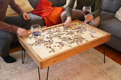 Rustic Puzzle Coffee Table with Removable Glass top - Includes 2 Hidden Drawers - 24x36. 100% Made in the USA